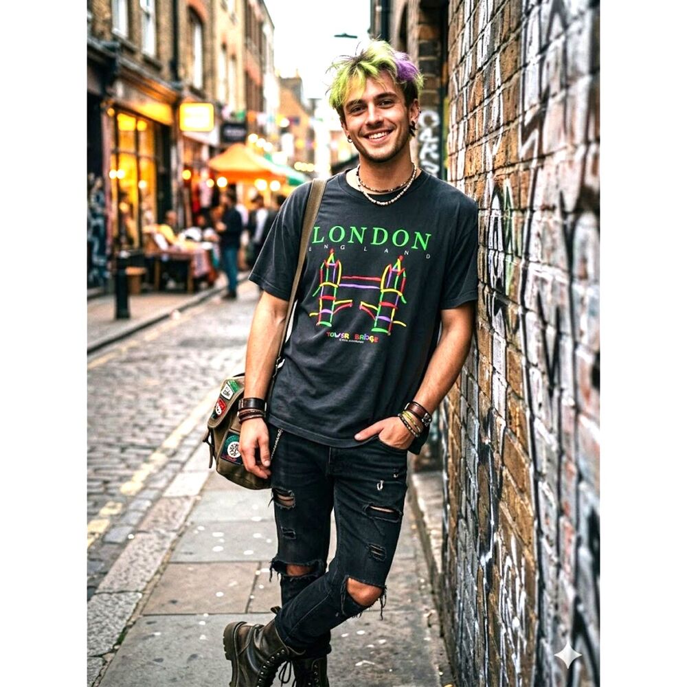 Vintage 90's London T Shirt Spike Leisurewear XL Black Graphic Cotton Drip Art